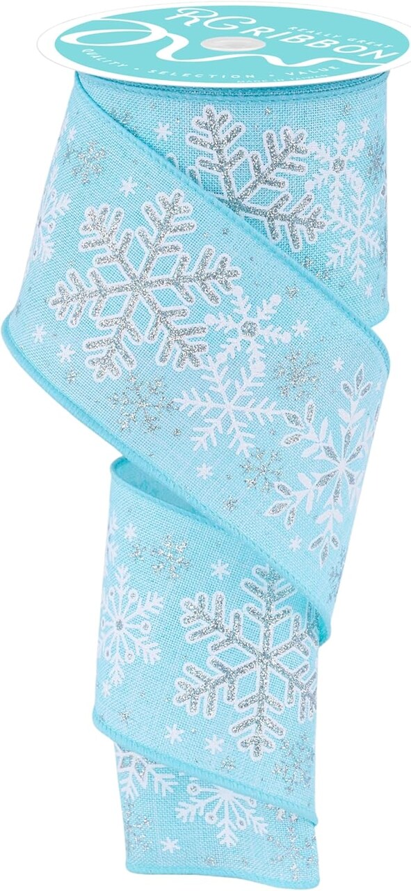 RG Ribbon: 2.5" Glitter Snowflake Wired Ribbon 10 Yards - Ice Blue, White, Silver - For Bows, Wreaths, Crafts, Christmas and Winter Decorations